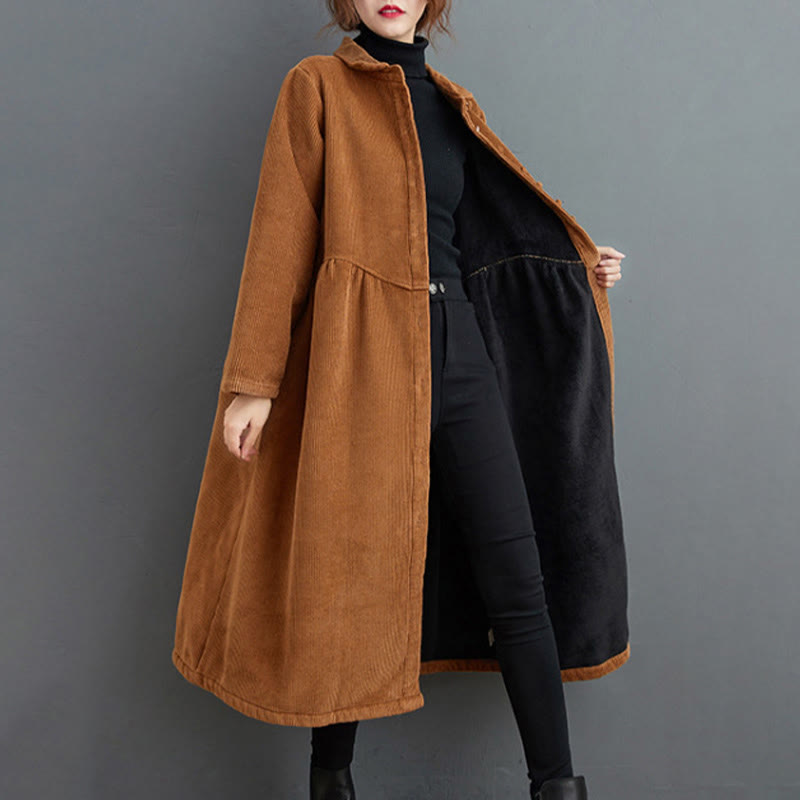 Plain Buttons Long Sleeve Women's Cotton Corduroy Fleece-Lined Coat With Pockets