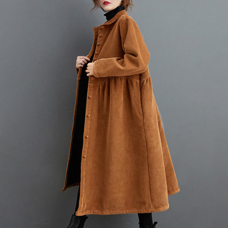 Plain Buttons Long Sleeve Women's Cotton Corduroy Fleece-Lined Coat With Pockets