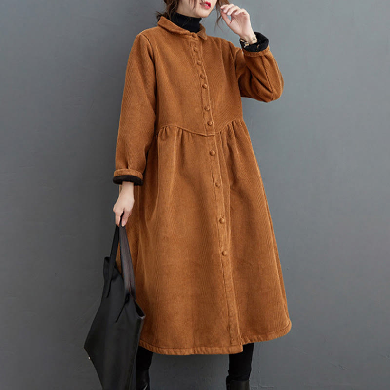 Plain Buttons Long Sleeve Women's Cotton Corduroy Fleece-Lined Coat With Pockets