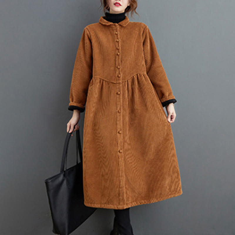 Plain Buttons Long Sleeve Women's Cotton Corduroy Fleece-Lined Coat With Pockets