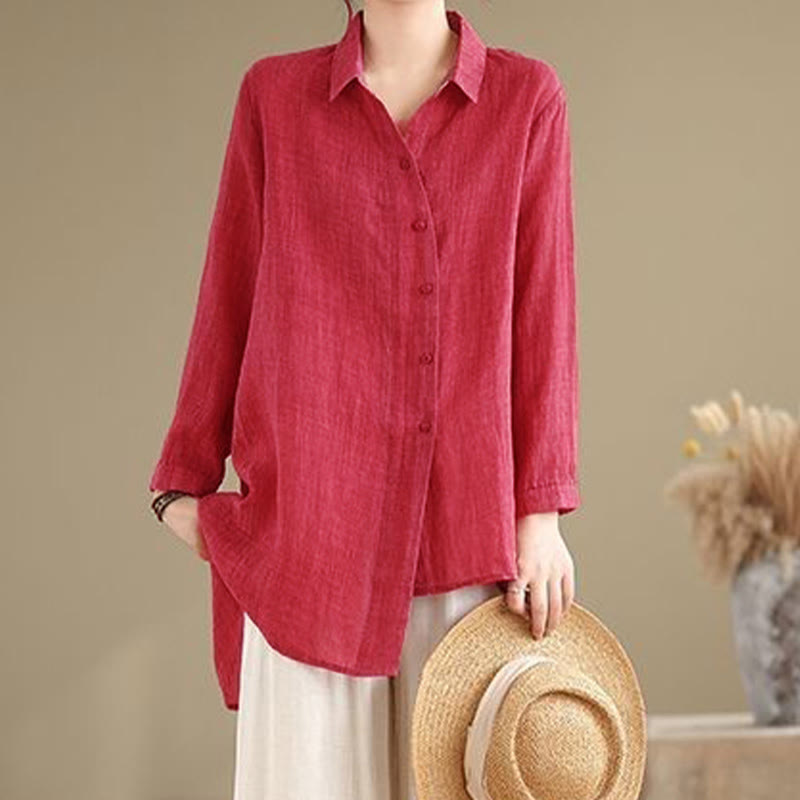 Tactile Cotton Asymmetric Button Grounding Shirt