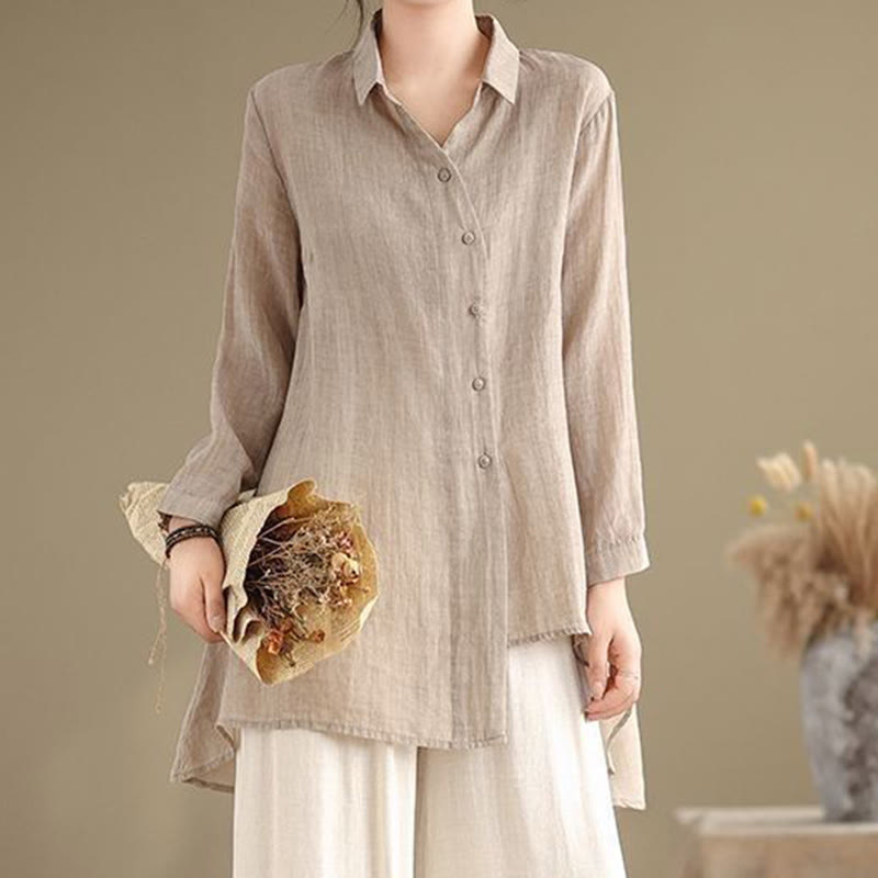 Tactile Cotton Asymmetric Button Grounding Shirt