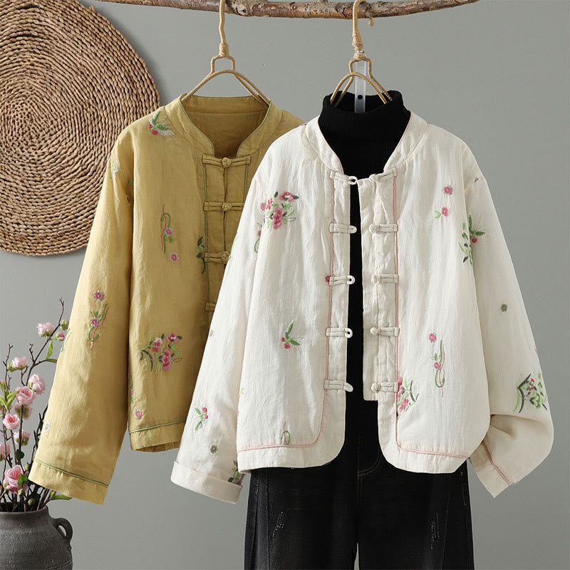 Embroidered Cotton Padded Stand Collar Mindful Jacket