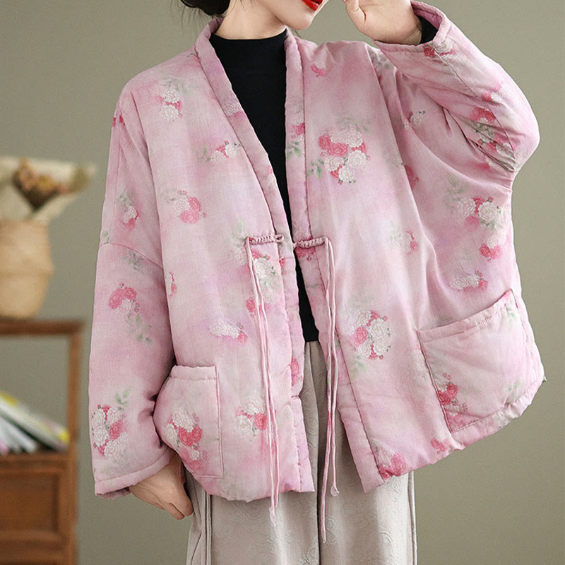 Cotton-Padded Floral Print Notched Collar Meditation Jacket