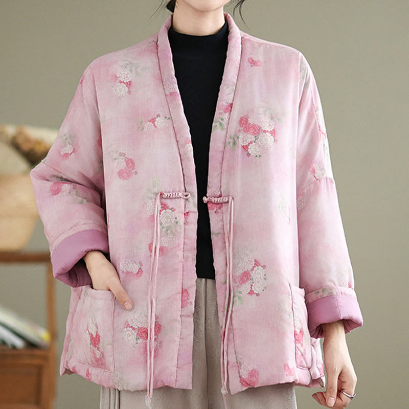 Cotton-Padded Floral Print Notched Collar Meditation Jacket