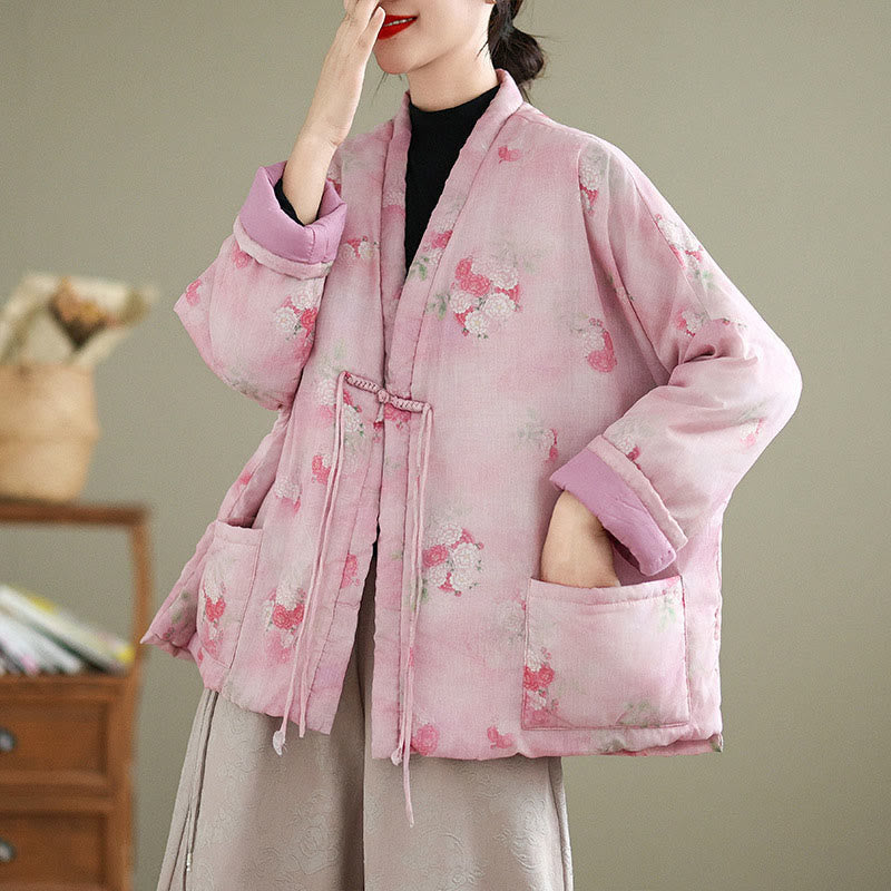 Cotton-Padded Floral Print Notched Collar Meditation Jacket