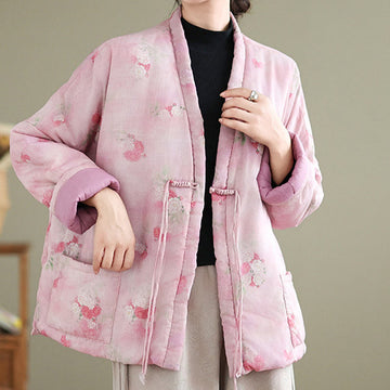 Cotton-Padded Floral Print Notched Collar Meditation Jacket
