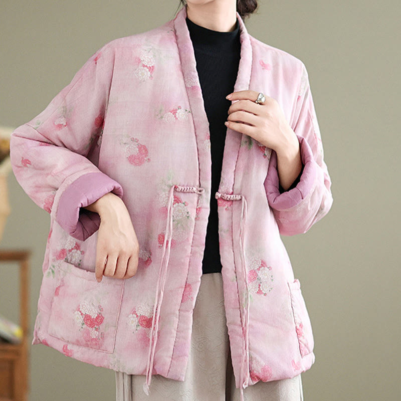 Cotton-Padded Floral Print Notched Collar Meditation Jacket