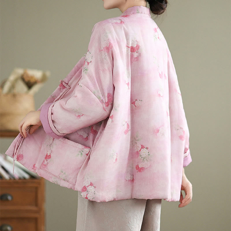 Cotton-Padded Floral Print Notched Collar Meditation Jacket