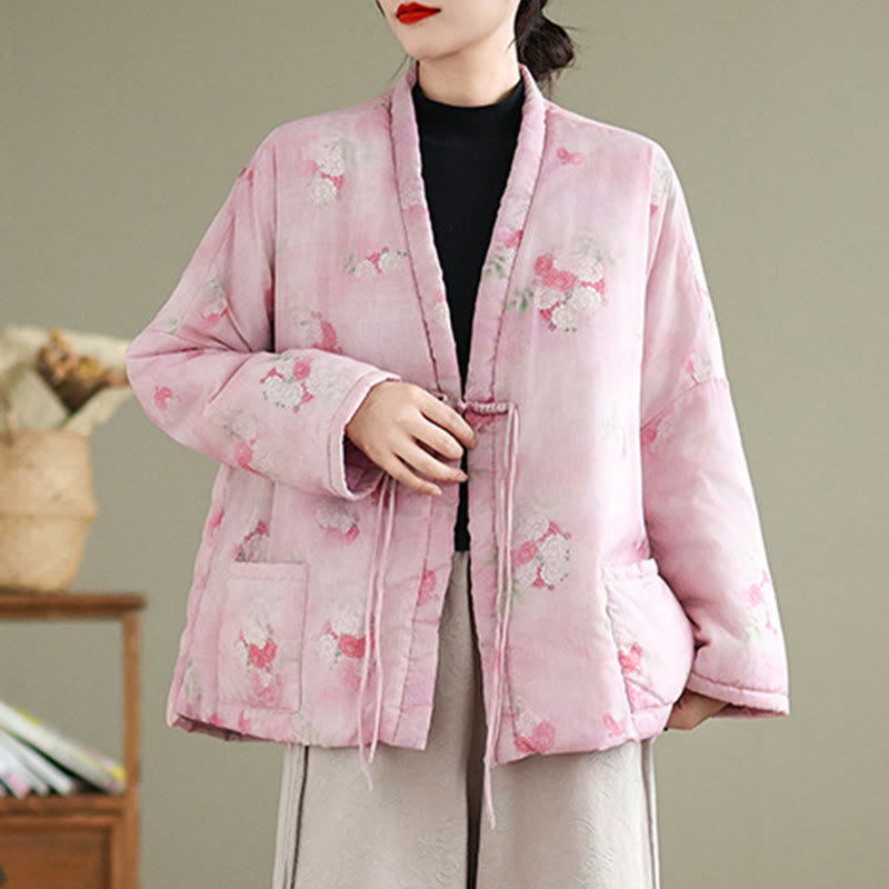 Cotton-Padded Floral Print Notched Collar Meditation Jacket