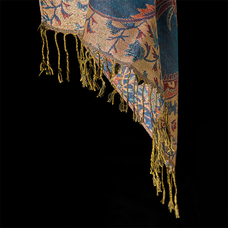 Tactile Botanical Knit Tasseled Meditation Wrap Tibetan Shawl