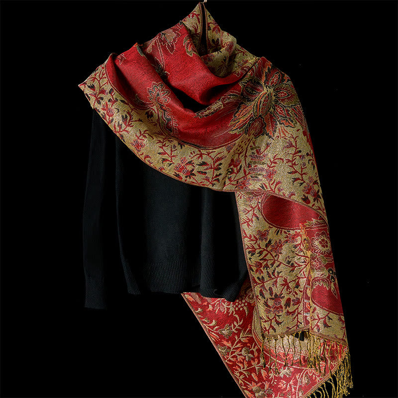 Tactile Botanical Knit Tasseled Meditation Wrap Tibetan Shawl