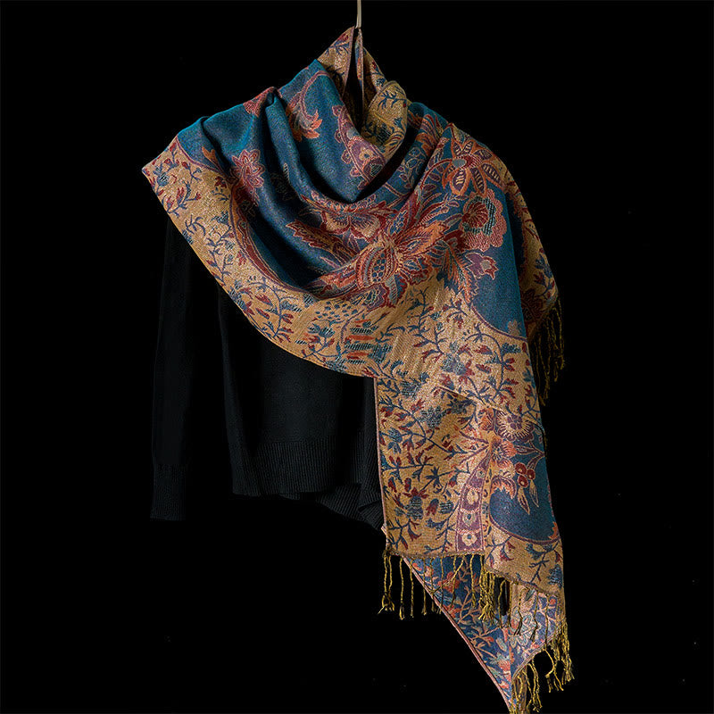 Tactile Botanical Knit Tasseled Meditation Wrap Tibetan Shawl