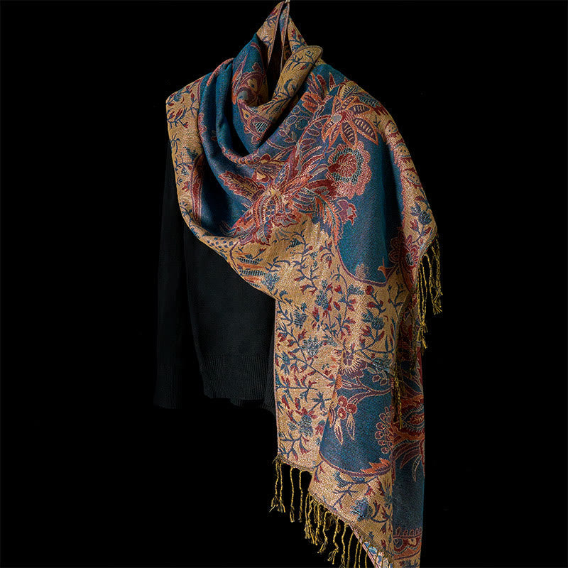Tactile Botanical Knit Tasseled Meditation Wrap Tibetan Shawl