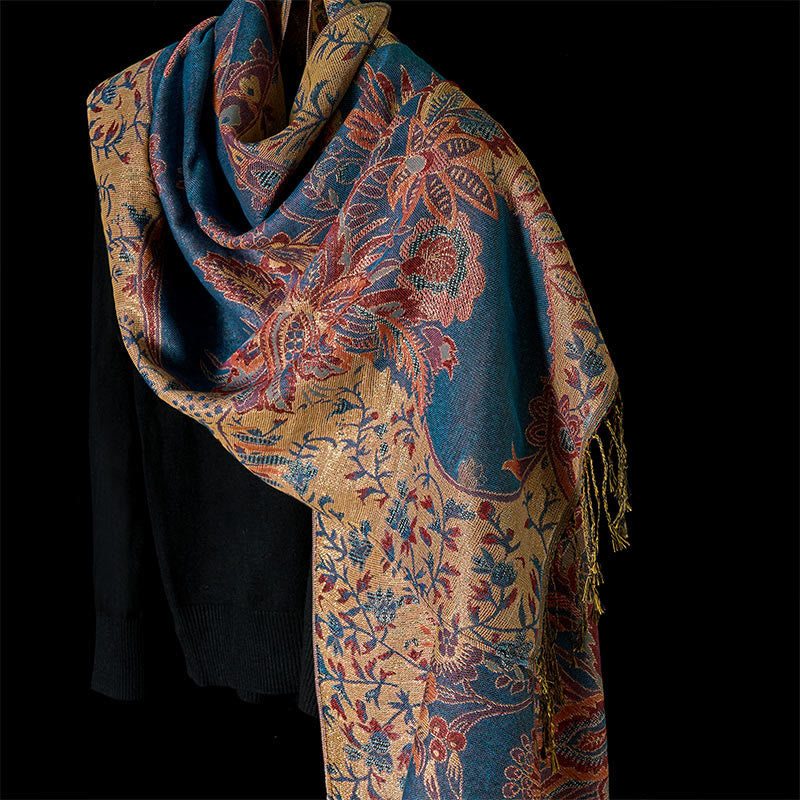 Tactile Botanical Knit Tasseled Meditation Wrap Tibetan Shawl