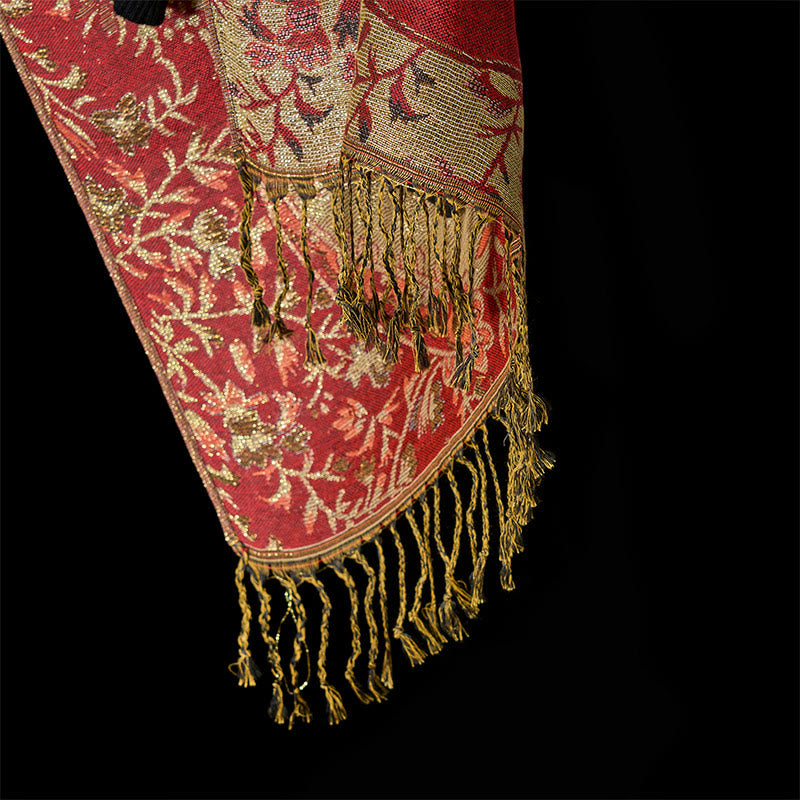 Tactile Botanical Knit Tasseled Meditation Wrap Tibetan Shawl