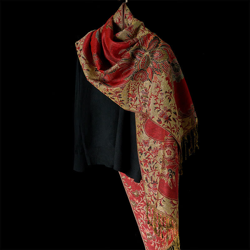 Tactile Botanical Knit Tasseled Meditation Wrap Tibetan Shawl