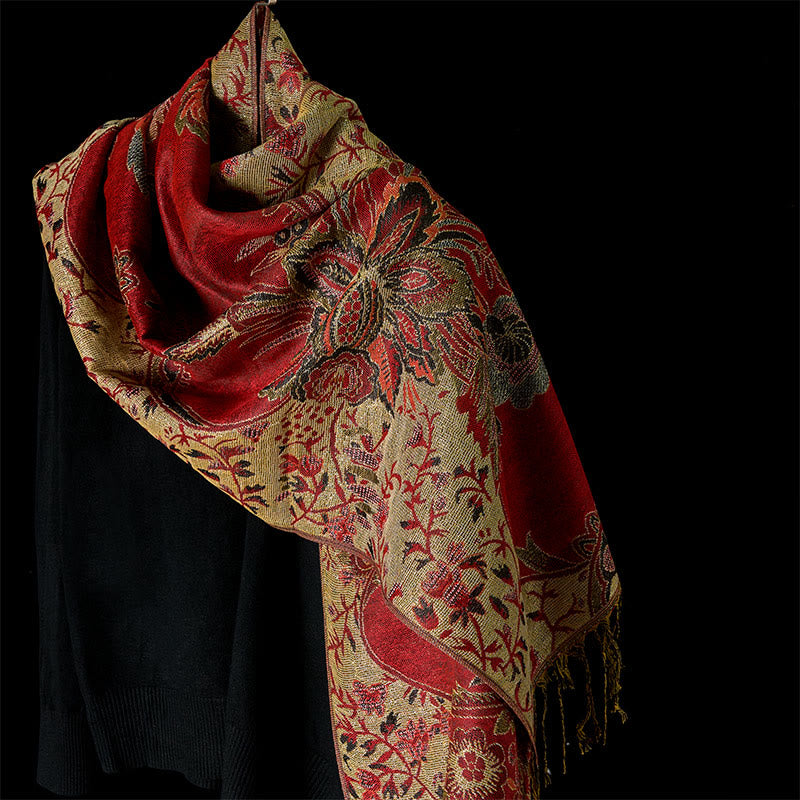 Tactile Botanical Knit Tasseled Meditation Wrap Tibetan Shawl