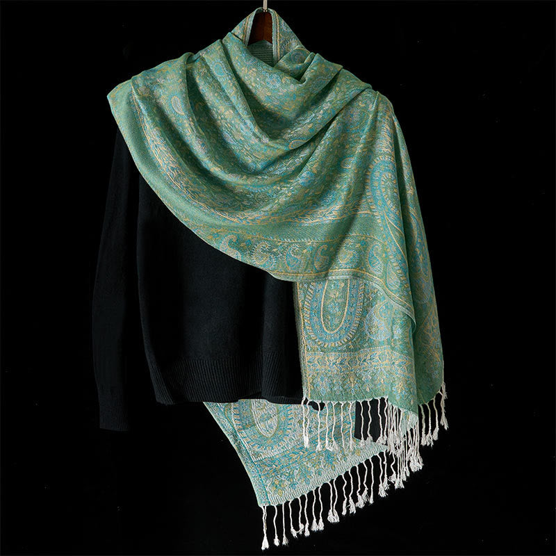 Tactile Green Geometric Pattern Tassel Meditation Shawl