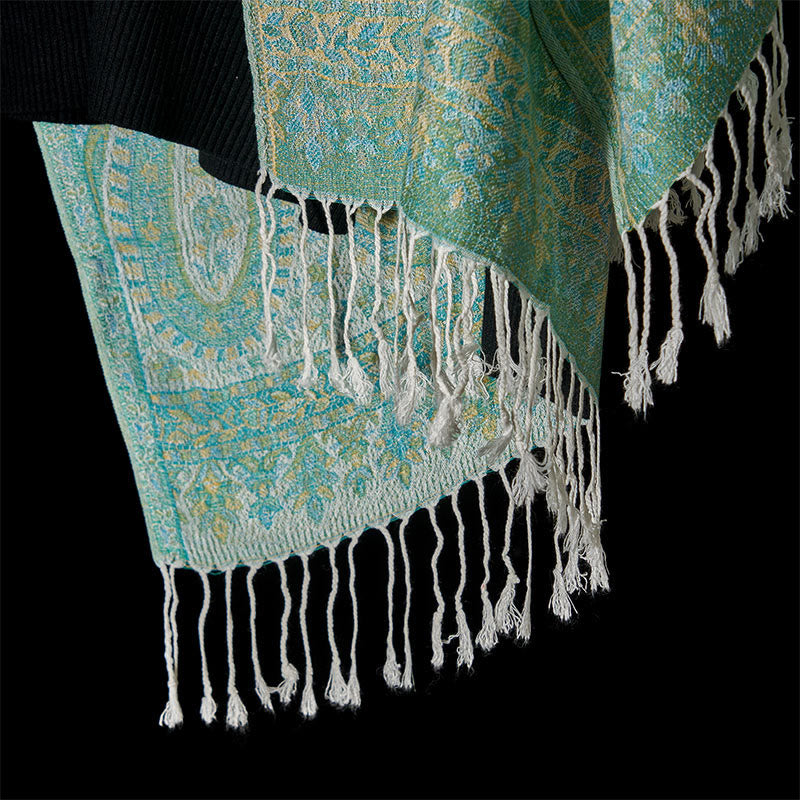 Tactile Green Geometric Pattern Tassel Meditation Shawl