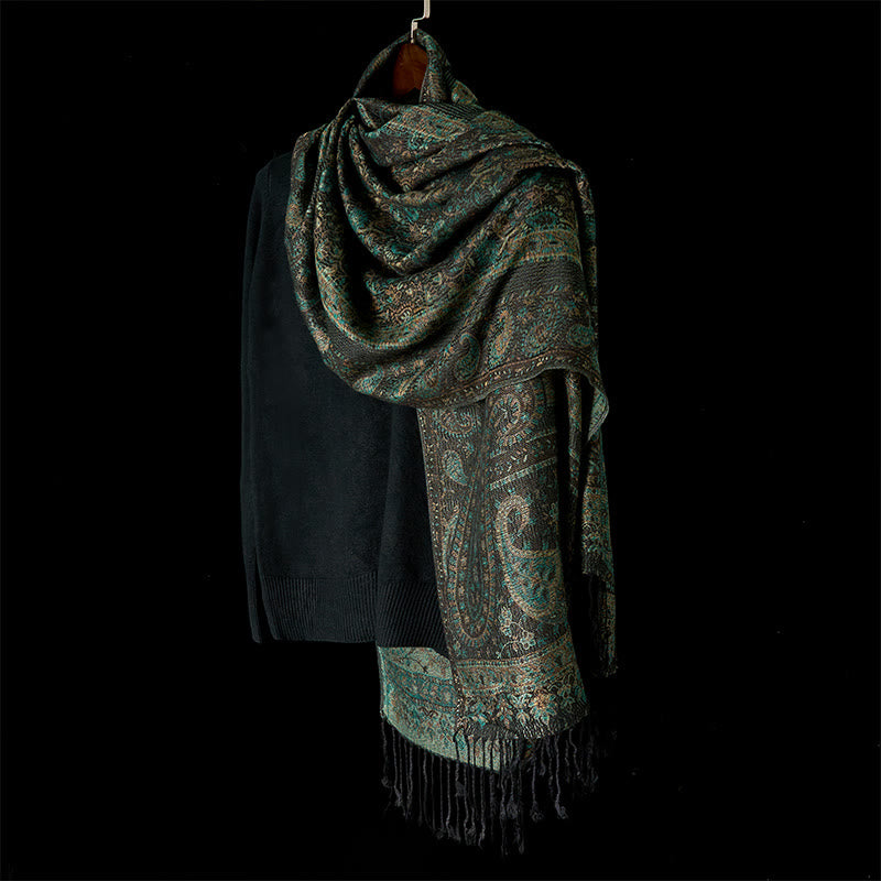 Tactile Green Geometric Pattern Tassel Meditation Shawl