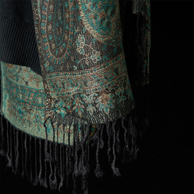 Tactile Green Geometric Pattern Tassel Meditation Shawl