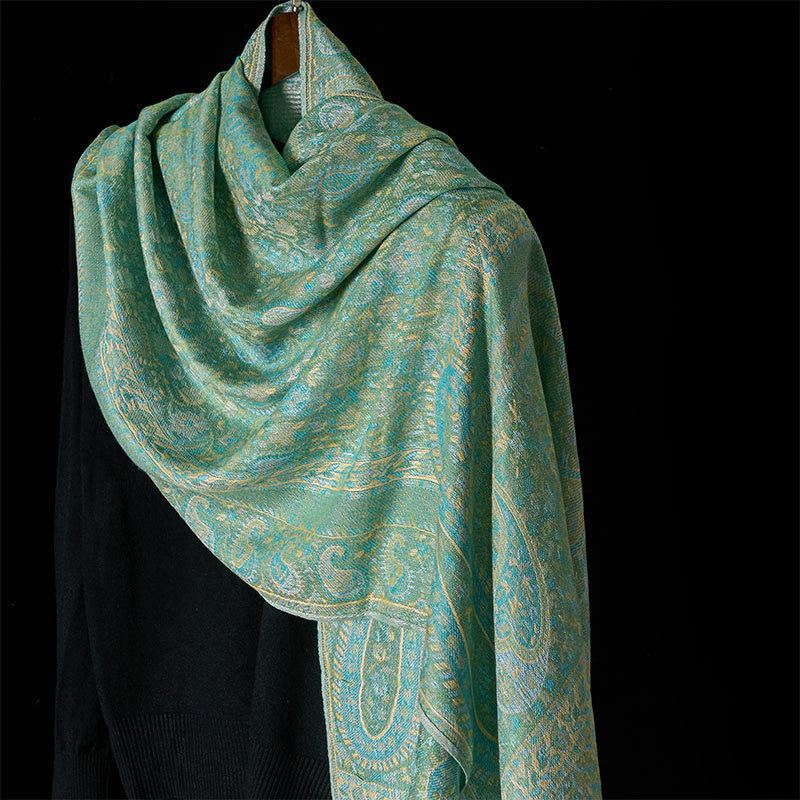 Tactile Green Geometric Pattern Tassel Meditation Shawl