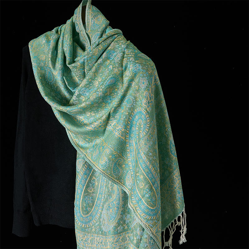 Tactile Green Geometric Pattern Tassel Meditation Shawl