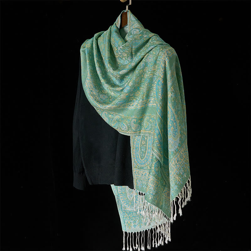 Tactile Green Geometric Pattern Tassel Meditation Shawl