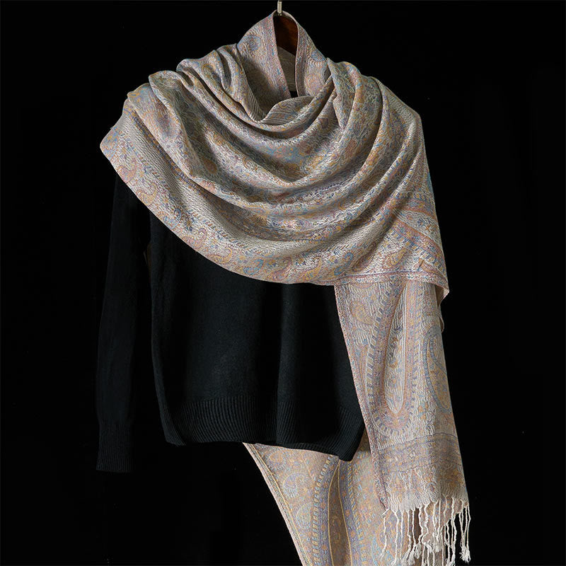 Geometric Pattern Tibetan Meditation Shawl with Tassel Detail