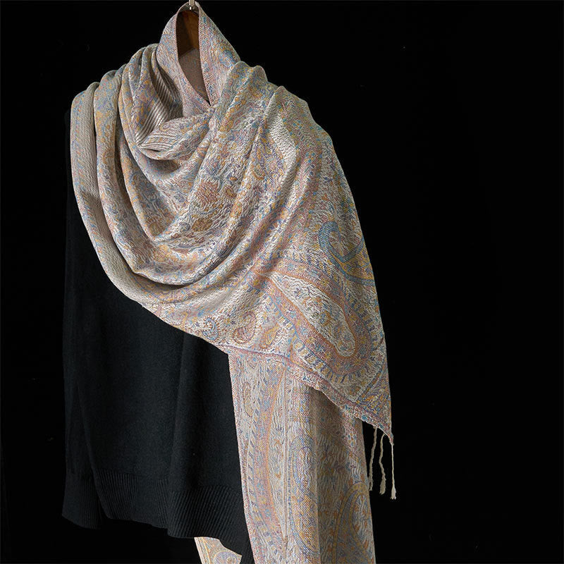 Geometric Pattern Tibetan Meditation Shawl with Tassel Detail