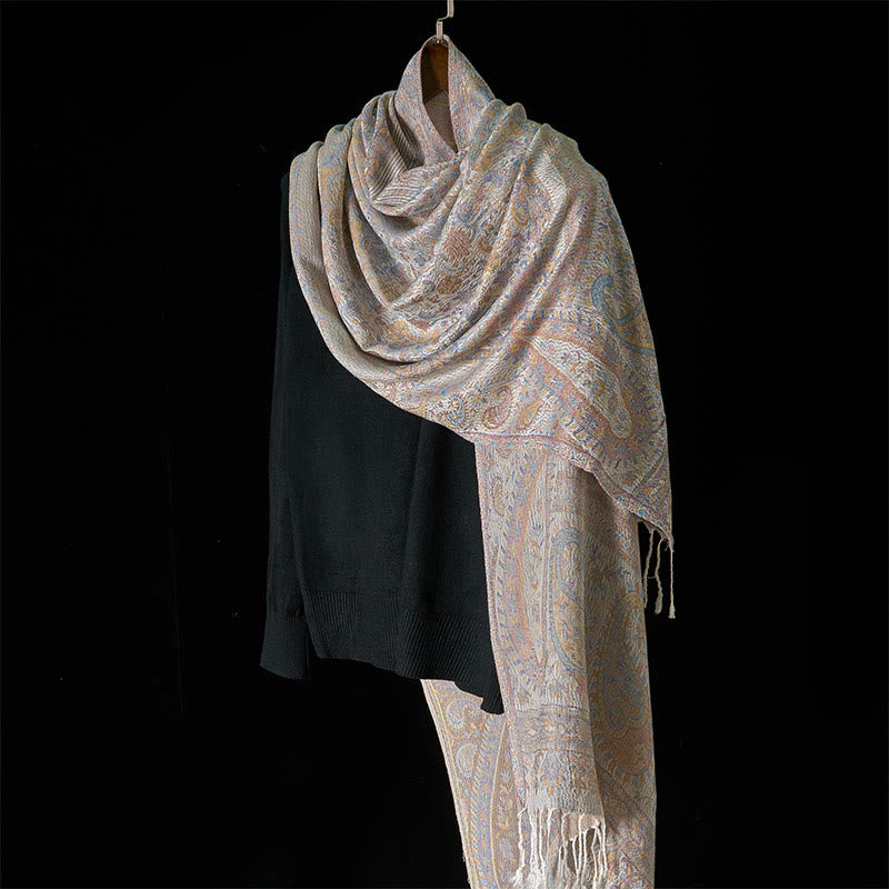 Geometric Pattern Tibetan Meditation Shawl with Tassel Detail