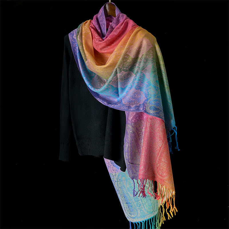 Spring Colorful Gradient Cashew Flower Pattern Tassel Cozy Scarf Shawl