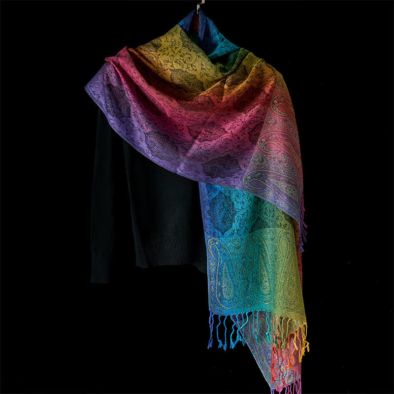 Spring Colorful Gradient Cashew Flower Pattern Tassel Cozy Scarf Shawl