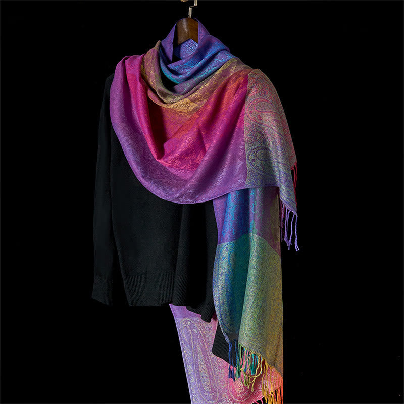 Spring Colorful Gradient Cashew Flower Pattern Tassel Cozy Scarf Shawl