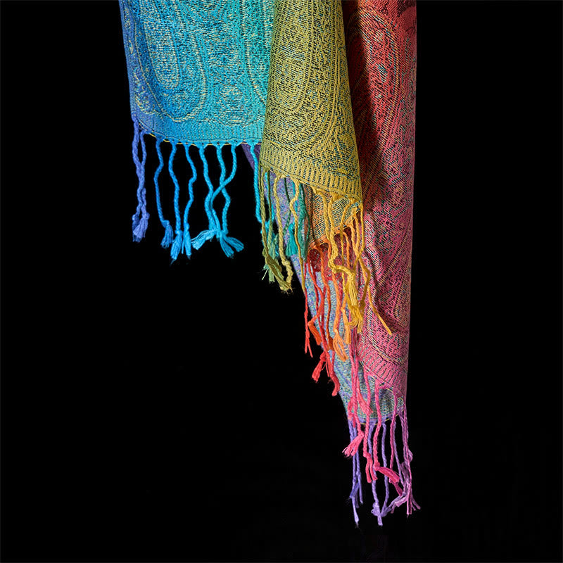 Spring Colorful Gradient Cashew Flower Pattern Tassel Cozy Scarf Shawl