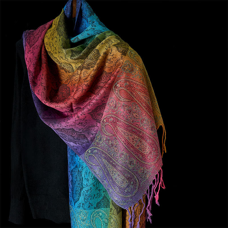 Spring Colorful Gradient Cashew Flower Pattern Tassel Cozy Scarf Shawl