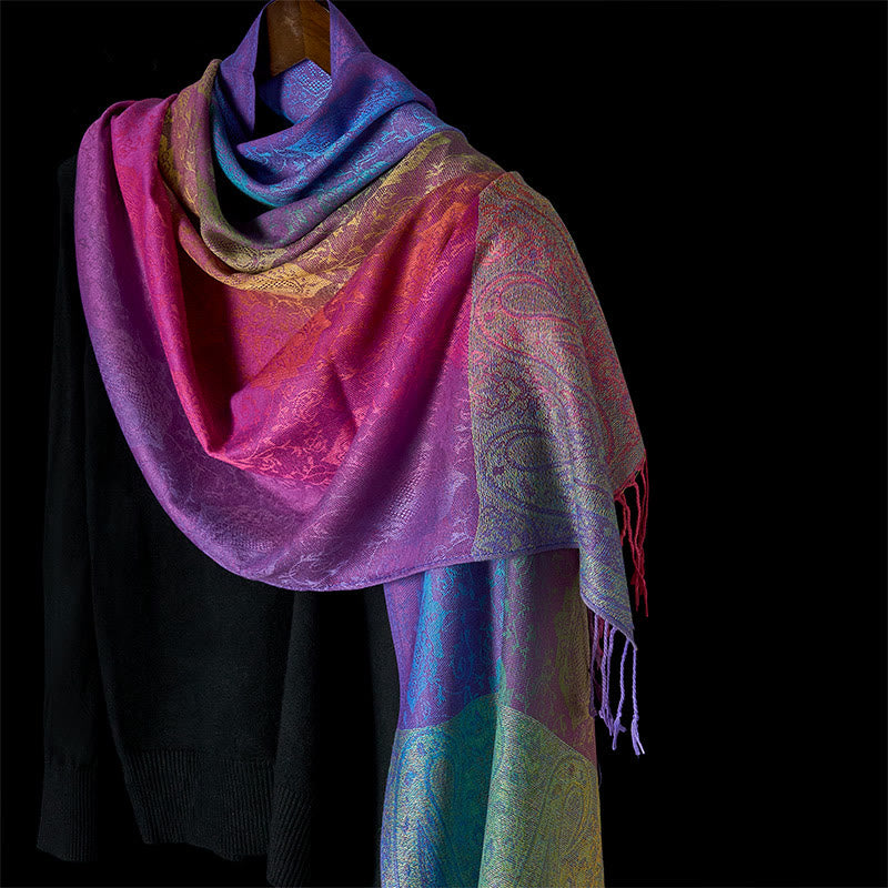 Spring Colorful Gradient Cashew Flower Pattern Tassel Cozy Scarf Shawl