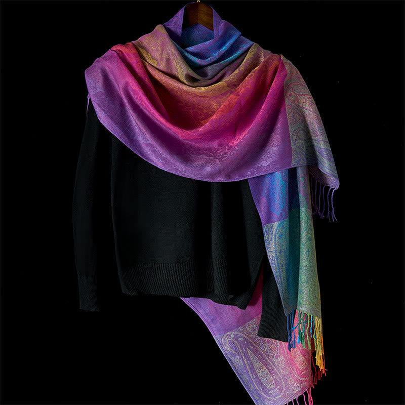 Spring Colorful Gradient Cashew Flower Pattern Tassel Cozy Scarf Shawl