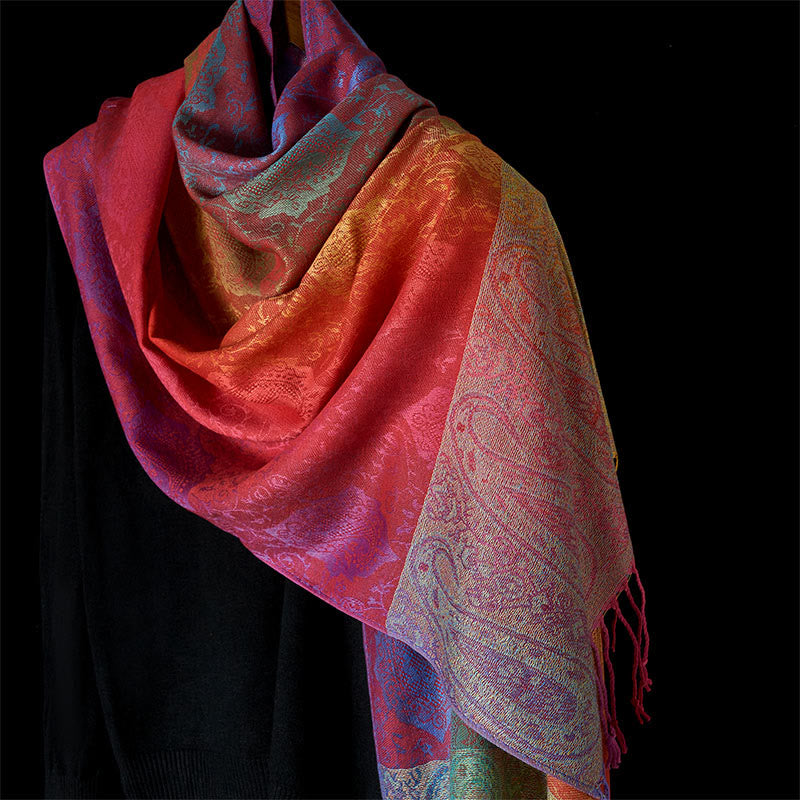 Spring Colorful Gradient Cashew Flower Pattern Tassel Cozy Scarf Shawl