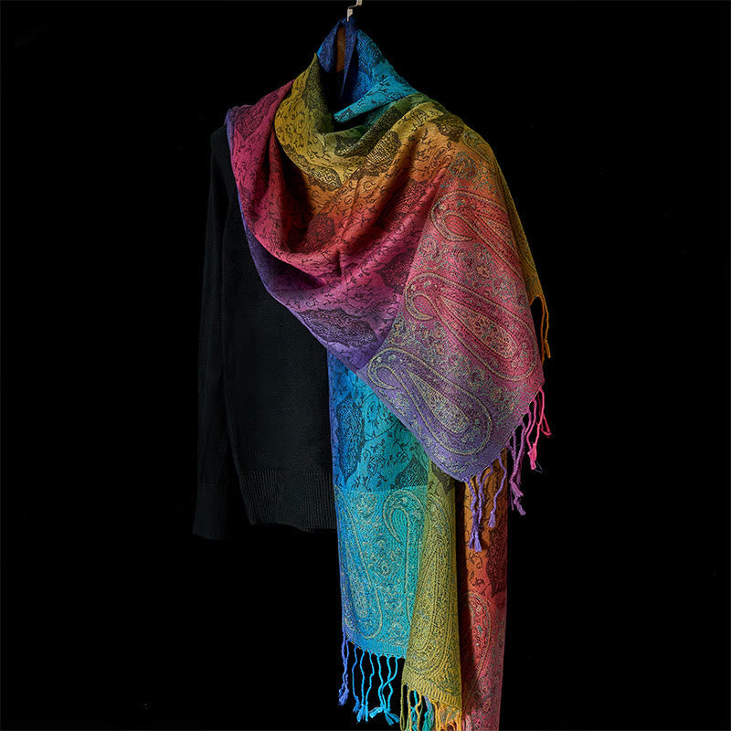 Spring Colorful Gradient Cashew Flower Pattern Tassel Cozy Scarf Shawl