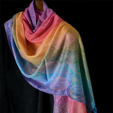 Spring Colorful Gradient Cashew Flower Pattern Tassel Cozy Scarf Shawl