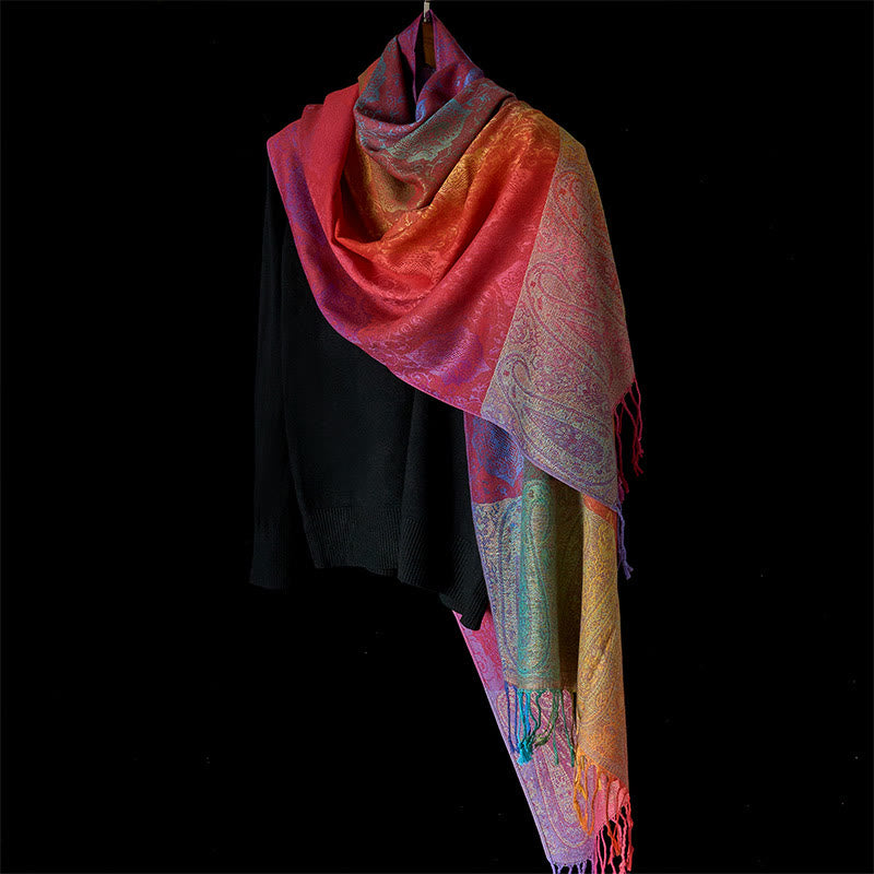 Spring Colorful Gradient Cashew Flower Pattern Tassel Cozy Scarf Shawl