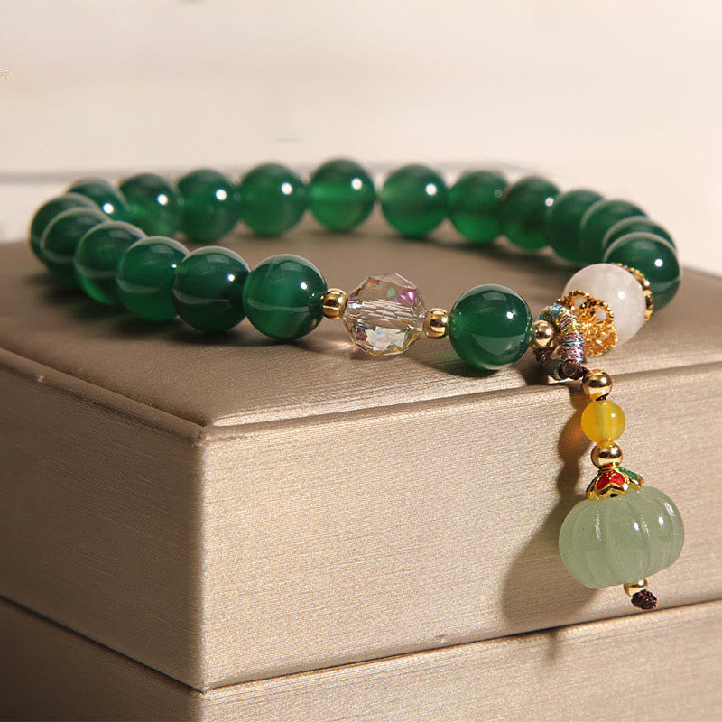 Hand-Carved Green Quartz Pumpkin Bead Bracelet