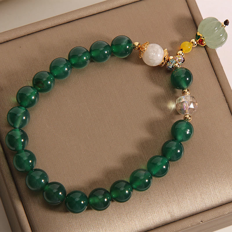 Hand-Carved Green Quartz Pumpkin Bead Bracelet