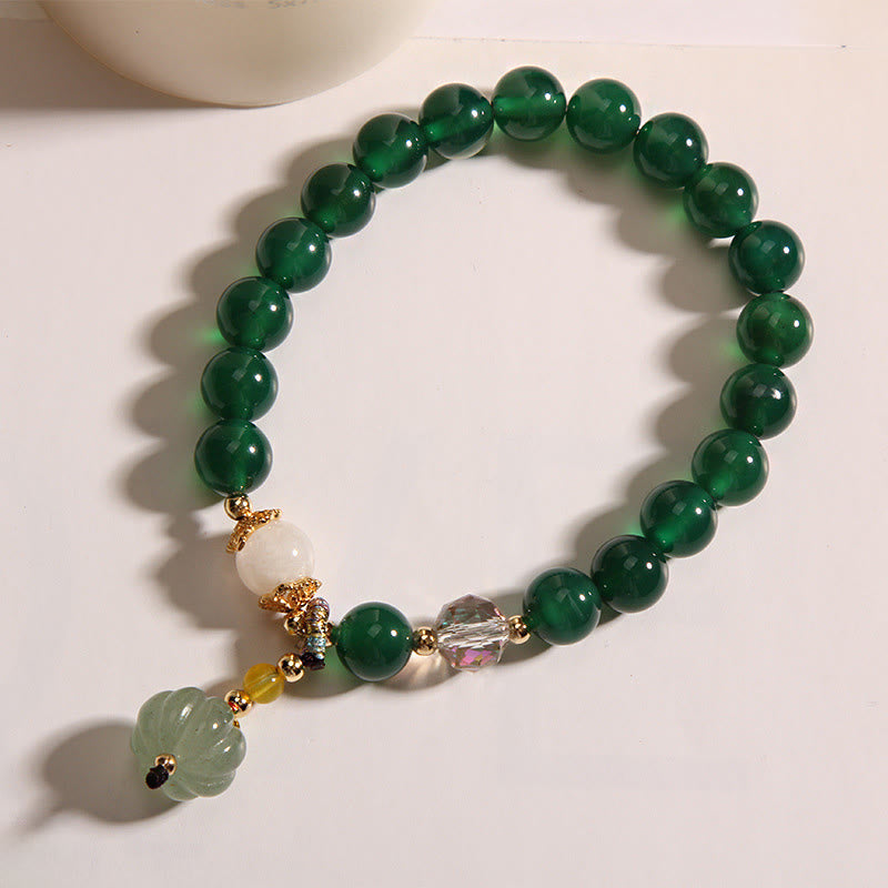 Hand-Carved Green Quartz Pumpkin Bead Bracelet