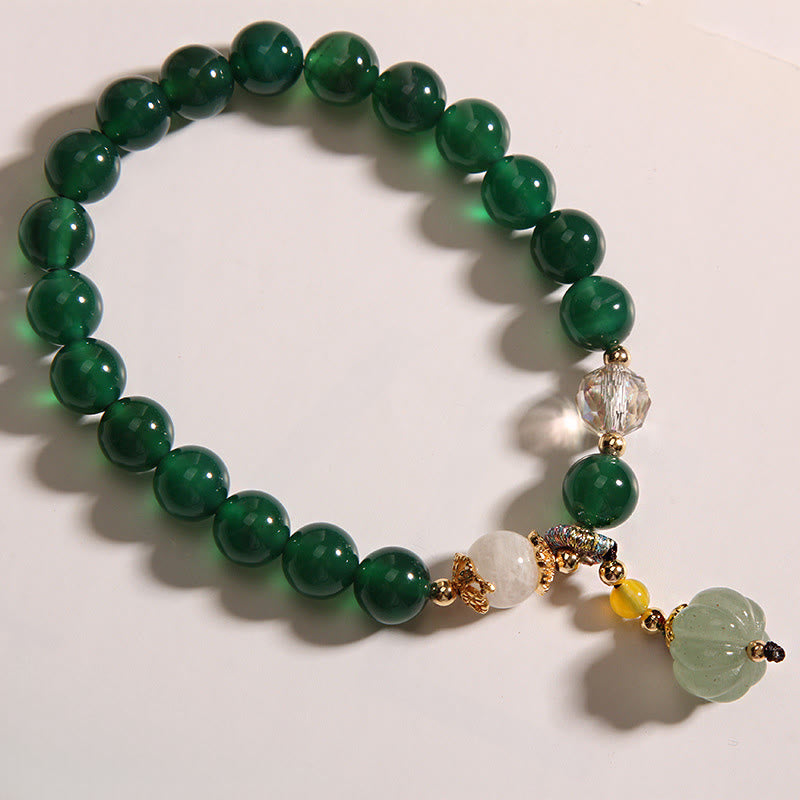 Hand-Carved Green Quartz Pumpkin Bead Bracelet