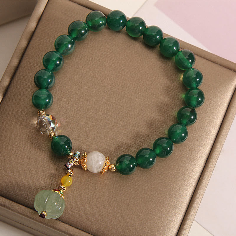 Hand-Carved Green Quartz Pumpkin Bead Bracelet