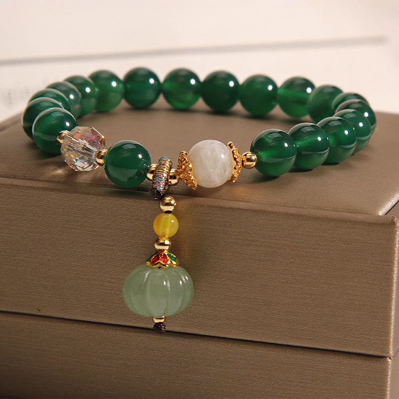 Hand-Carved Green Quartz Pumpkin Bead Bracelet
