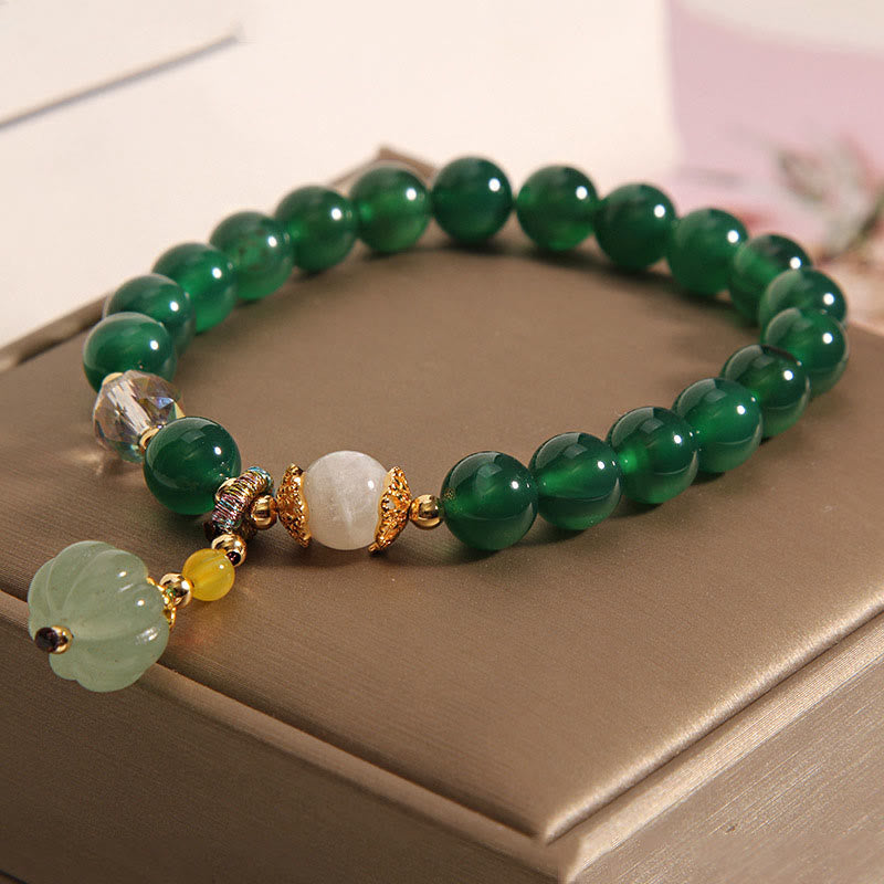Hand-Carved Green Quartz Pumpkin Bead Bracelet
